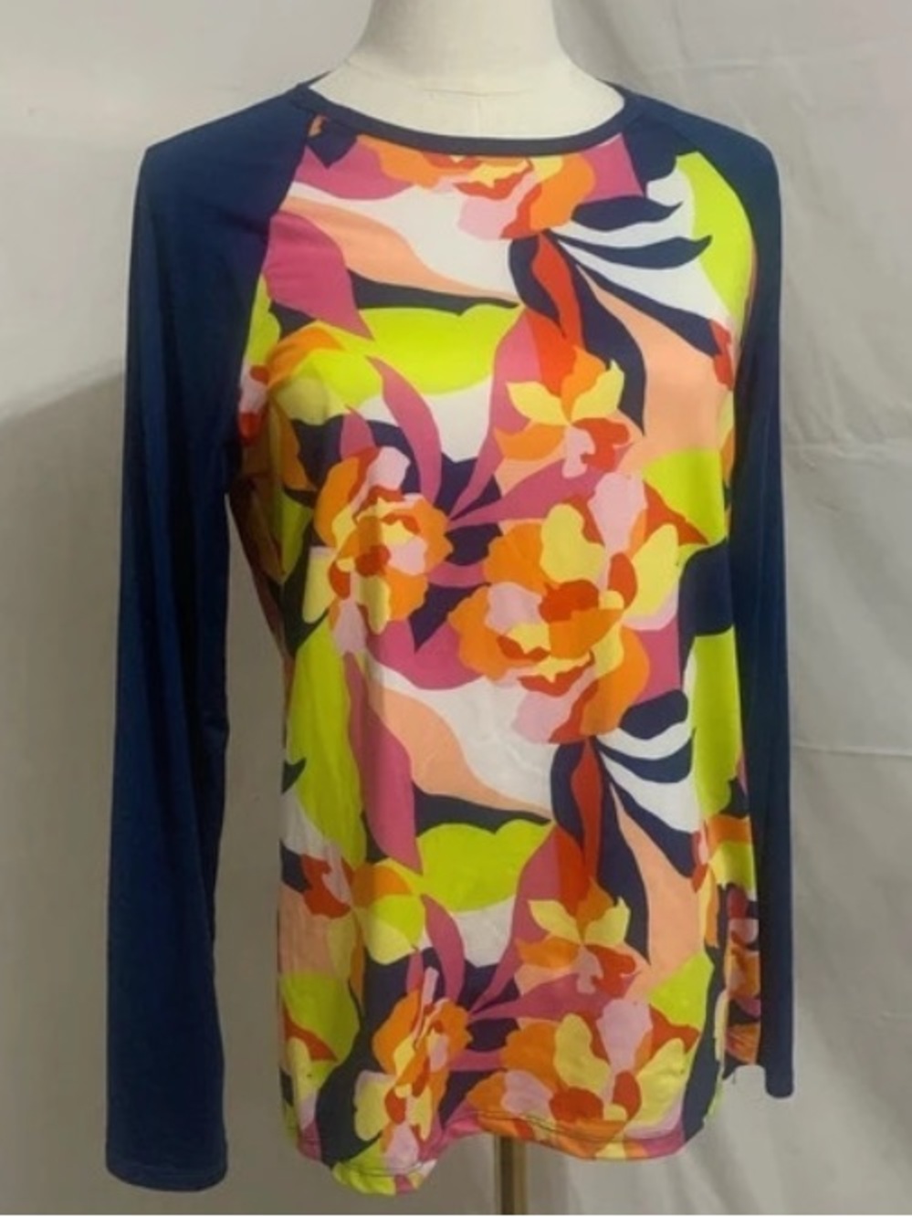 Caribbean Joe Navy Raglan Long Sleeve swim shirt with Bright Floral Front